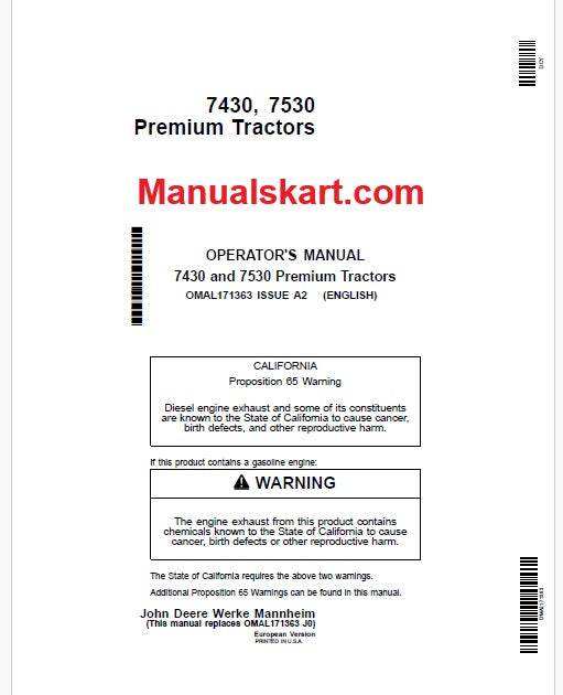 John Deere 7430, 7530 Premium Tractors Pdf Operator's Manual OMAL171363