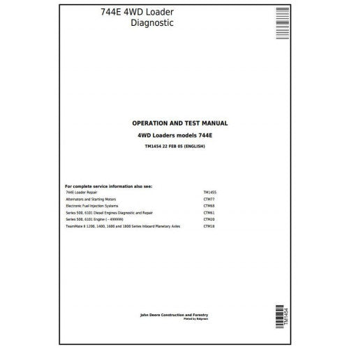 John Deere 744E 4WD Loader Diagnostic, Operation and Tests Service Manual Pdf - TM1454