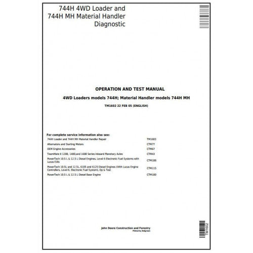 John Deere 744H 4WD Loader and 744H MH Material Handler Diagnostic, Operation and Tests Service Manual Pdf - TM1602