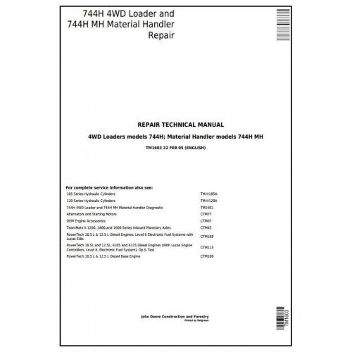 John Deere 744H 4WD Loader And 744H MH Material Handler Service Repair Technical Manual Pdf TM1603