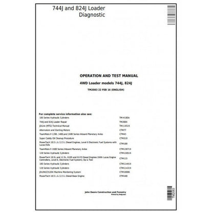 John Deere 744J and 824J 4WD Loader Diagnostic, Operation and Tests Service Manual Pdf - TM2083