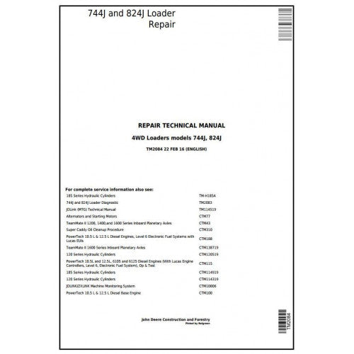 John Deere 744J and 824J 4WD Loader Pdf Repair Service Technical Manual TM2084