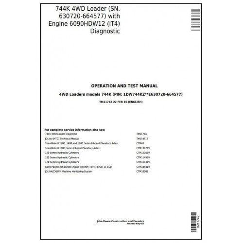 John Deere 744K 4WD Loader Diagnostic, Operation and Tests Service Manual Pdf - TM11742