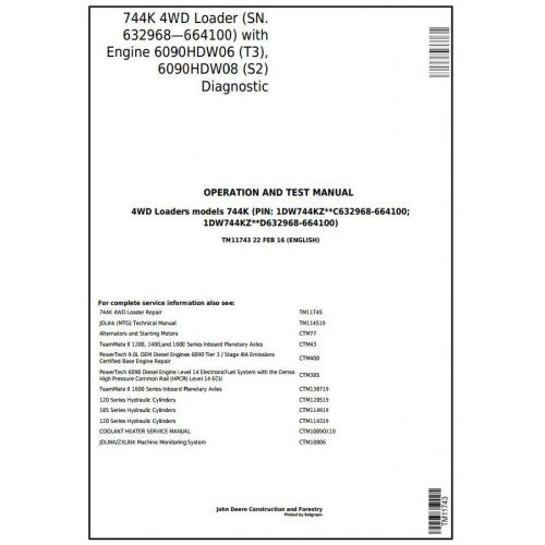 John Deere 744K 4WD Loader Diagnostic, Operation and Tests Service Manual Pdf - TM11743