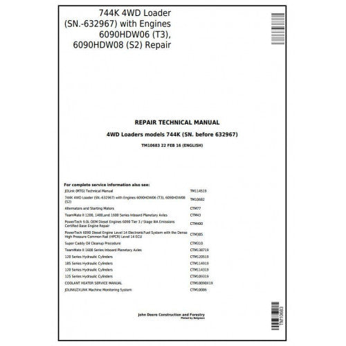 John Deere 744K 4WD Loader Service Repair Technical Manual Pdf TM10683