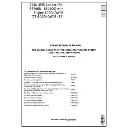 John Deere 744K 4WD Loader Service Repair Technical Manual Pdf TM11745 2