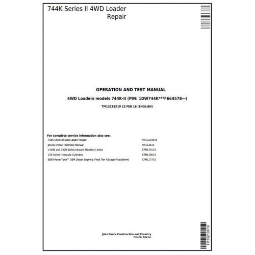 John Deere 744K Series II 4WD Loader Diagnostic, Operation and Tests Service Manual Pdf - TM13218X19