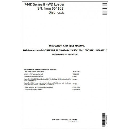 John Deere 744K Series II 4WD Loader Diagnostic, Operation and Tests Service Manual Pdf - TM13219X19