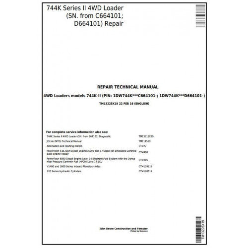 John Deere 744K Series II 4WD Loader Pdf Repair Service Technical Manual TM13225X19