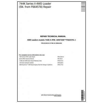 John Deere 744K SERIES II 4WD Loader Service Repair Technical Manual Pdf TM13224X19 2