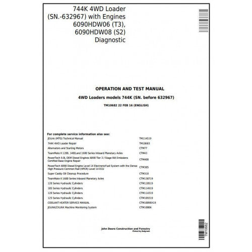 John Deere 744K T3/S2 4WD Loader Diagnostic, Operation and Tests Service Manual Pdf - TM10682