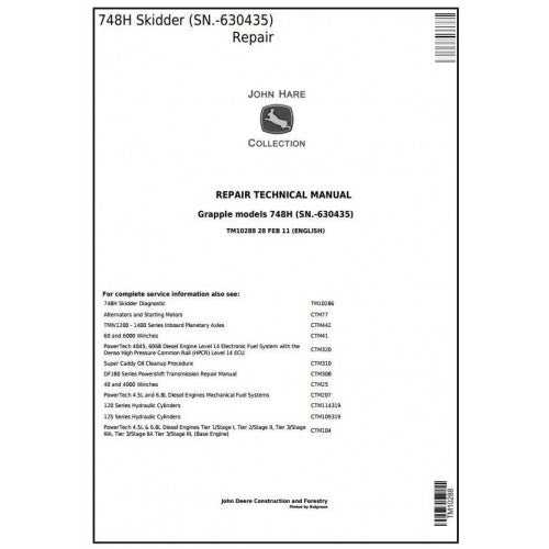 John Deere 748H Grapple Skidder Pdf Repair Service Technical Manual TM10288