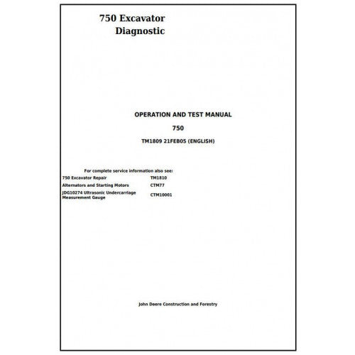 John Deere 750 Excavator Diagnostic, Operation and Tests Service Manual Pdf - TM1809