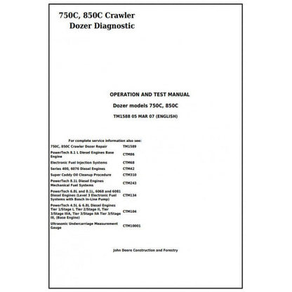 John Deere 750C, 850C Crawler Dozer Diagnostic, Operation and Tests Service Manual Pdf - TM1588