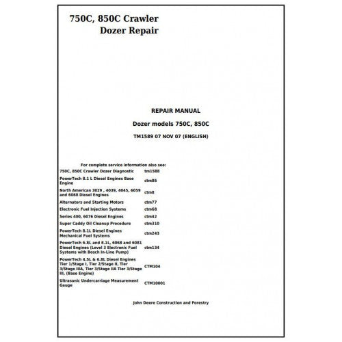 John Deere 750C, 850C Crawler Dozer Service Repair Technical Manual Pdf TM1589