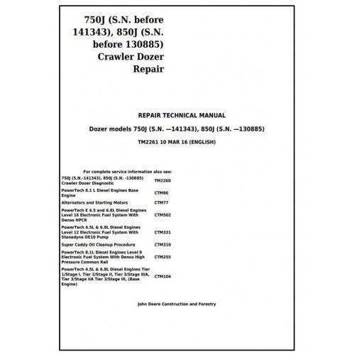 John Deere 750J, 850J Crawler Dozer Service Repair Technical Manual Pdf TM2261