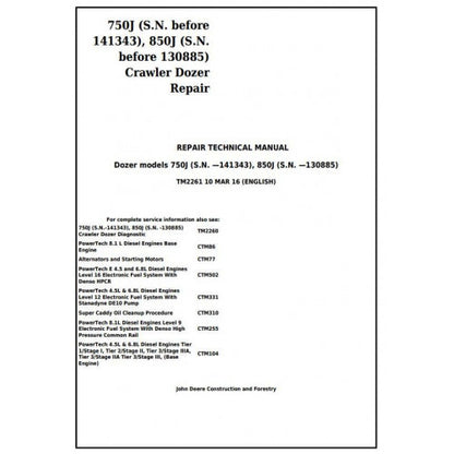 John Deere 750J, 850J Crawler Dozer Service Repair Technical Manual Pdf TM2261 2