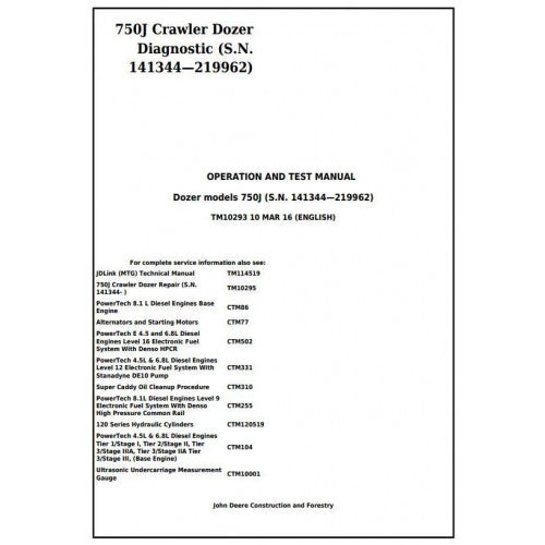 John Deere 750J Crawler Dozer Diagnostic, Operation and Tests Service Manual Pdf - TM10293