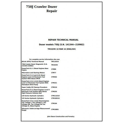 John Deere 750J Crawler Dozer Pdf Repair Service Technical Manual TM10295