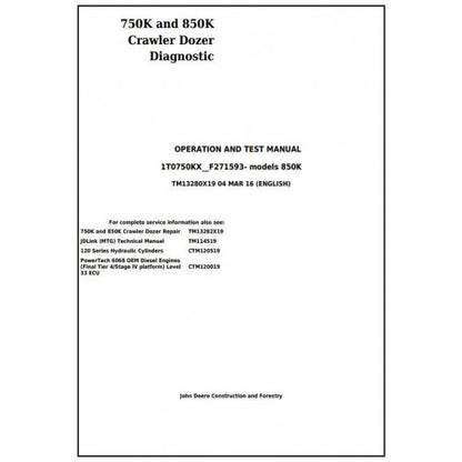 John Deere 750K and 850K Crawler Dozer Diagnostic, Operation and Tests Service Manual Pdf - TM13280X19