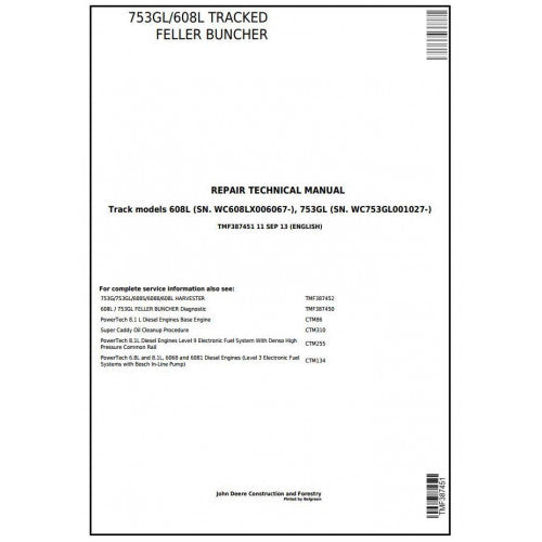 John Deere 753GL, 608L Tracked Feller Buncher Service Repair Technical Manual TMF387451