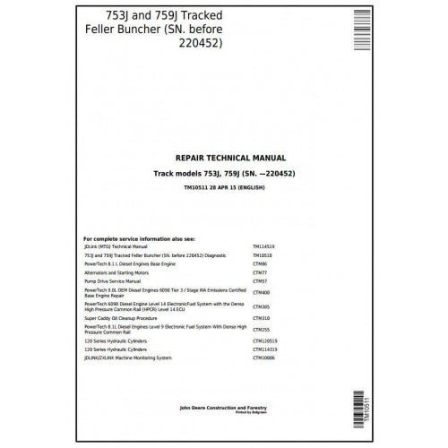 John Deere 753J, 759J Tracked Feller Buncher Pdf Repair Service Technical Manual TM10511