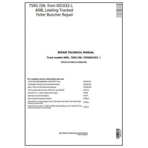 John Deere 759G, 608L Tracked Feller Buncher Pdf Repair Service Technical Manual TM2219