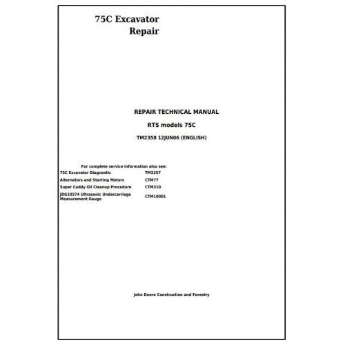 John Deere 75C RTS Excavator Pdf Repair Service Technical Manual TM2358