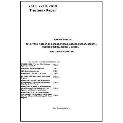 John Deere 7610, 7710, 7810 2WD OR MFWD Tractor Service Repair Technical Manual Pdf - TM1651