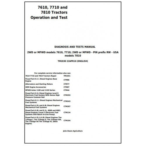 John Deere 7610, 7710 AND 7810 Tractor Diagnostic and Tests Service Manual Pdf - TM2030