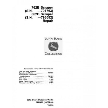 John Deere 762B, 862B Scraper Pdf Repair Service Technical Manual TM1490