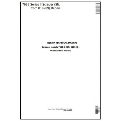 John Deere 762B SERIES II Scraper Pdf Repair Service Technical Manual TM1674