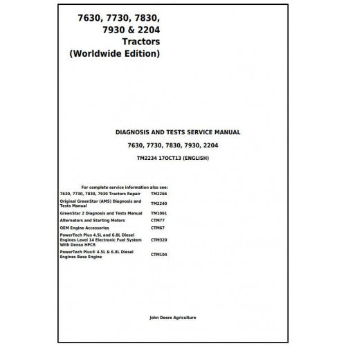 John Deere 7630, 7730, 7830, 7930, 2204 Tractor Diagnostic and Tests Service Manual Pdf - TM2234