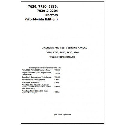 John Deere 7630, 7730, 7830, 7930, 2204 Tractor Diagnostic and Tests Service Manual Pdf - TM2234