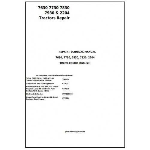 John Deere 7630 7730 7830 7930 & 2204 2WD OR MFWD Tractor Service Repair Technical Manual Pdf - TM2266