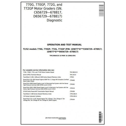 John Deere 770G, 770GP, 772G, 772GP Motor Grader Diagnostic, Operation and Tests Service Manual Pdf - TM13066X19