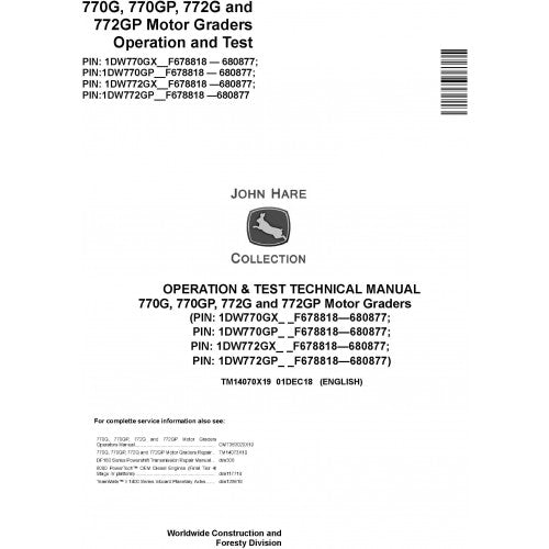 John Deere 770G, 770GP, 772G, 772GP Motor Grader Operation and Tests Technical Manual Pdf - TM14070X19 2