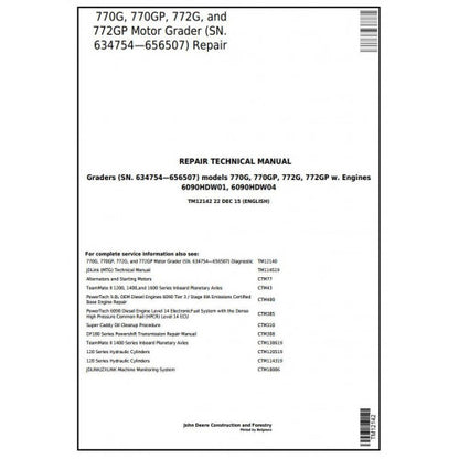 John Deere 770G, 770GP, 772G, 772GP Motor Grader Pdf Repair Service Technical Manual TM12142