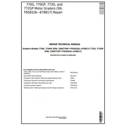 John Deere 770G, 770GP, 772G, 772GP Motor Grader Pdf Repair Service Technical Manual TM13027X19