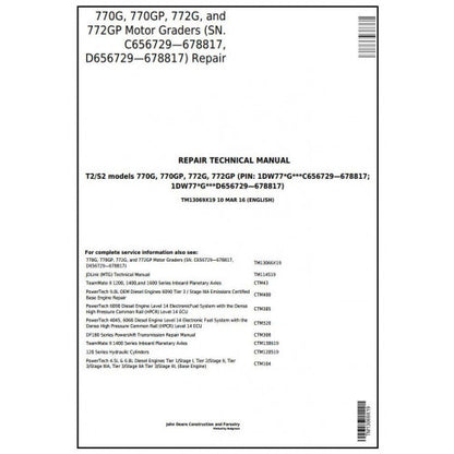 John Deere 770G, 770GP, 772G, 772GP Motor Grader Pdf Repair Service Technical Manual TM13069X19