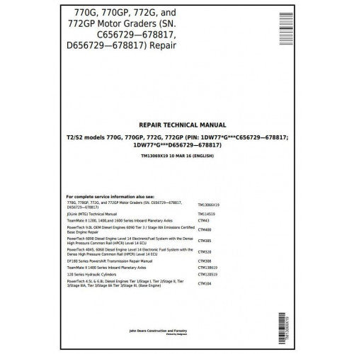 John Deere 770G, 770GP, 772G, 772GP Motor Grader Pdf Repair Service Technical Manual TM13069X19