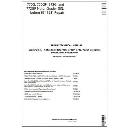 John Deere 770G, 770GP, 772G, 772GP Motor Grader Service Repair Technical Manual Pdf TM11207 2