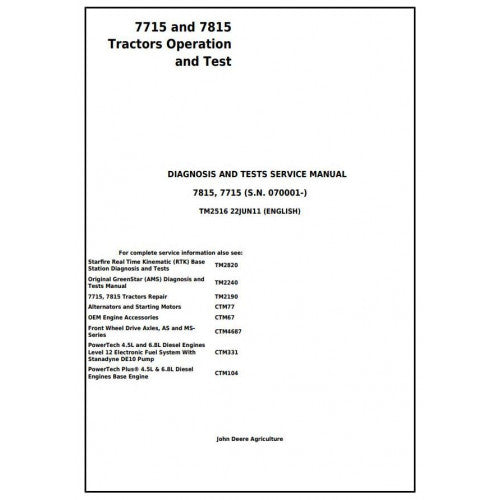 John Deere 7715, 7815 Tractor Diagnostic and Tests Service Manual Pdf - TM2516