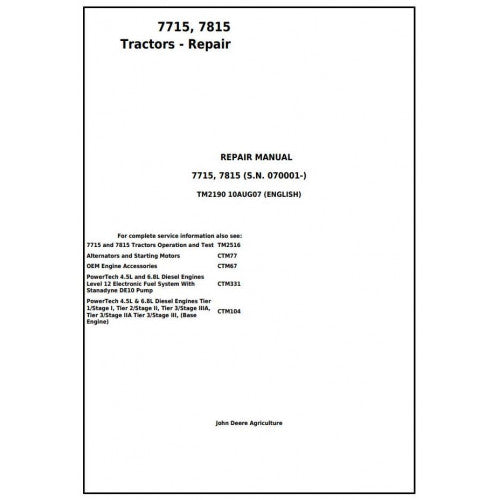 John Deere 7715, 7815 Tractor Service Repair Technical Manual Pdf - TM2190