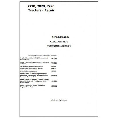 John Deere 7720, 7820, 7920 Tractor Service Repair Technical Manual Pdf - TM2080