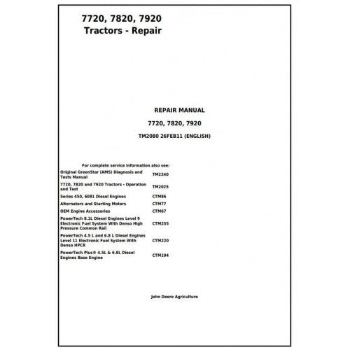 John Deere 7720, 7820, 7920 Tractor Service Repair Technical Manual Pdf - TM2080