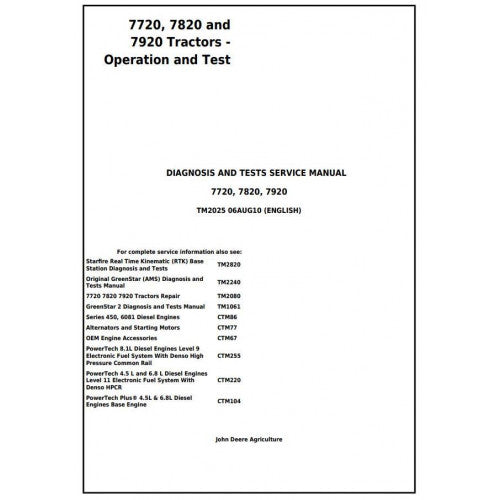 John Deere 7720, 7820 and 7920 Tractors Operation and Tests Service Manual Pdf - TM2025