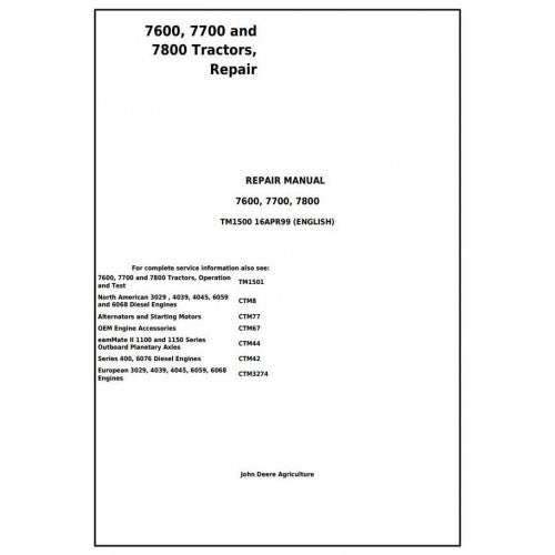 John Deere 77600, 7700 and 7800 2WD OR MFWD Tractor Service Repair Technical Manual Pdf - TM1500