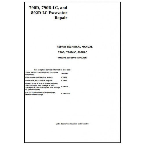 John Deere 790D, 790D LC, AND 892D LC Excavator Pdf Repair Service Technical Manual TM1396