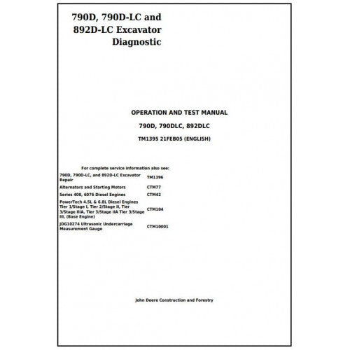 John Deere 790D, 790DLC and 892DLC Excavator Diagnostic, Operation and Tests Service Manual Pdf - TM1395